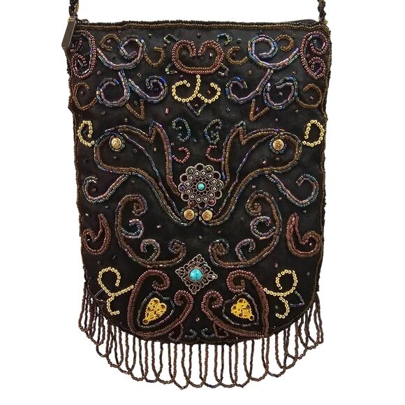 80s Jessica McClintock Fringe Beaded X-Body Bag Multicolor on Brown Zip Close - Picture 7 of 10